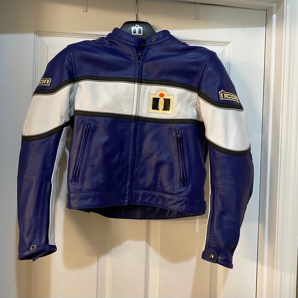 Dark Blue,black,and white icon motorcycle jacket